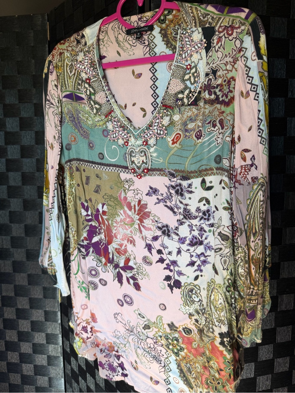 John Mark Pastel Multi Floral Paisley V-Neck Tunic with Beaded Neckline